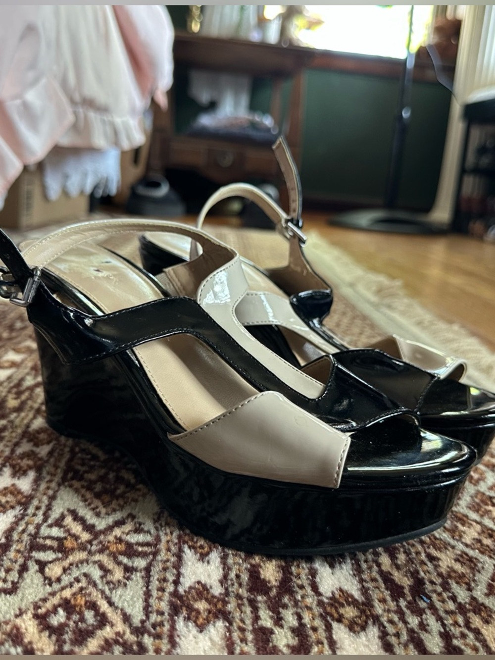 Patent Two-Tone Black and Cream Platform Sandals